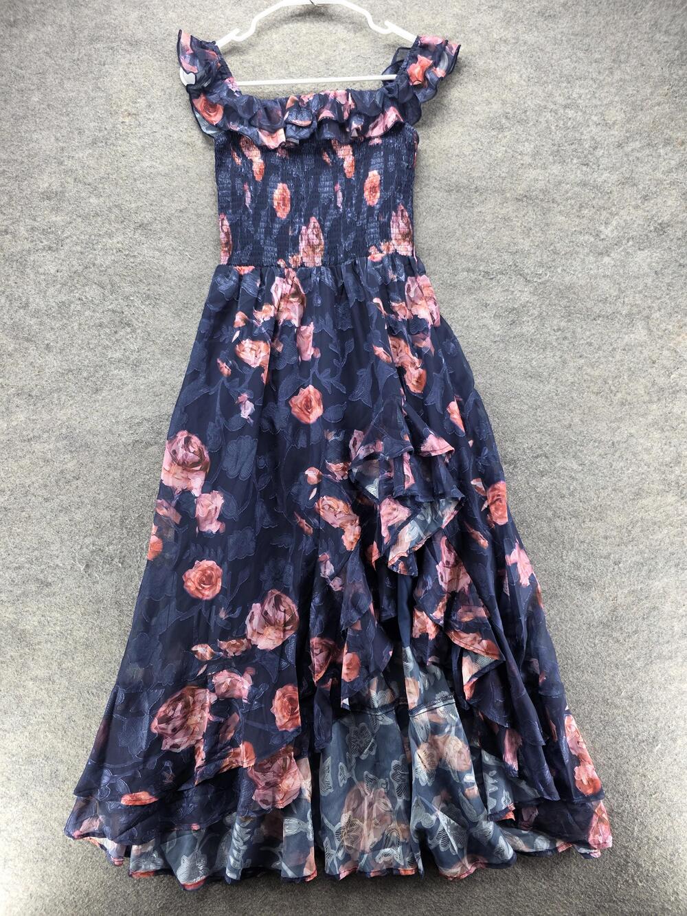 Grace Karin Dress Womens S Blue Maxi Off Shoulder Floral Smocked Ruffle Chiffon